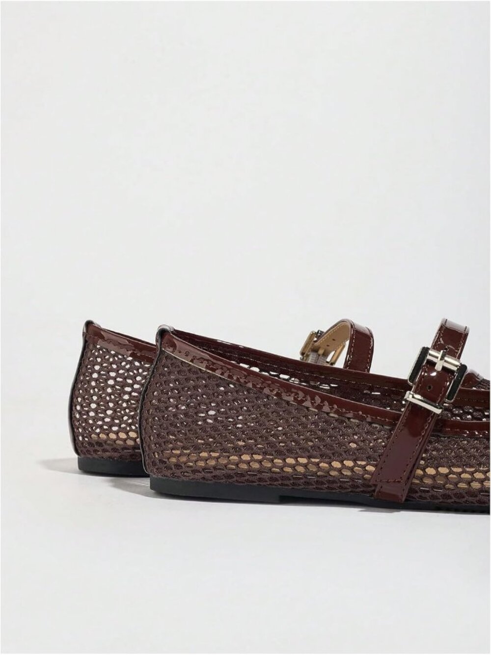 Women's Dark Brown Mesh Comfortable Square Closed Toe Mary Jane Ballet Flats - Picture 5 of 5